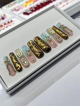 Load image into Gallery viewer, Handmade 1030 | Long Aqua & Gold Chrome Nails