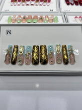 Load image into Gallery viewer, Handmade 1030 | Long Aqua & Gold Chrome Nails