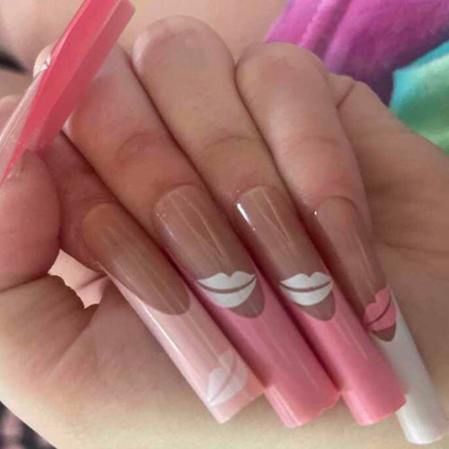 2xl length square press on nails with pink french tips and lip designs