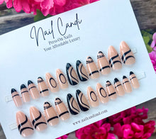 Load image into Gallery viewer, Vendetta | Almond Nude Black Swirl Nails