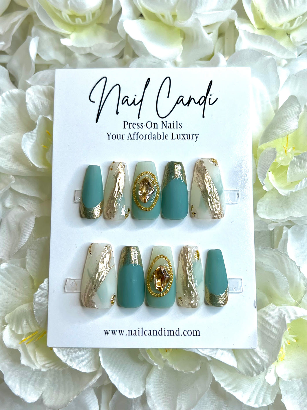 Handmade White Aqua Gold Chrome Nails