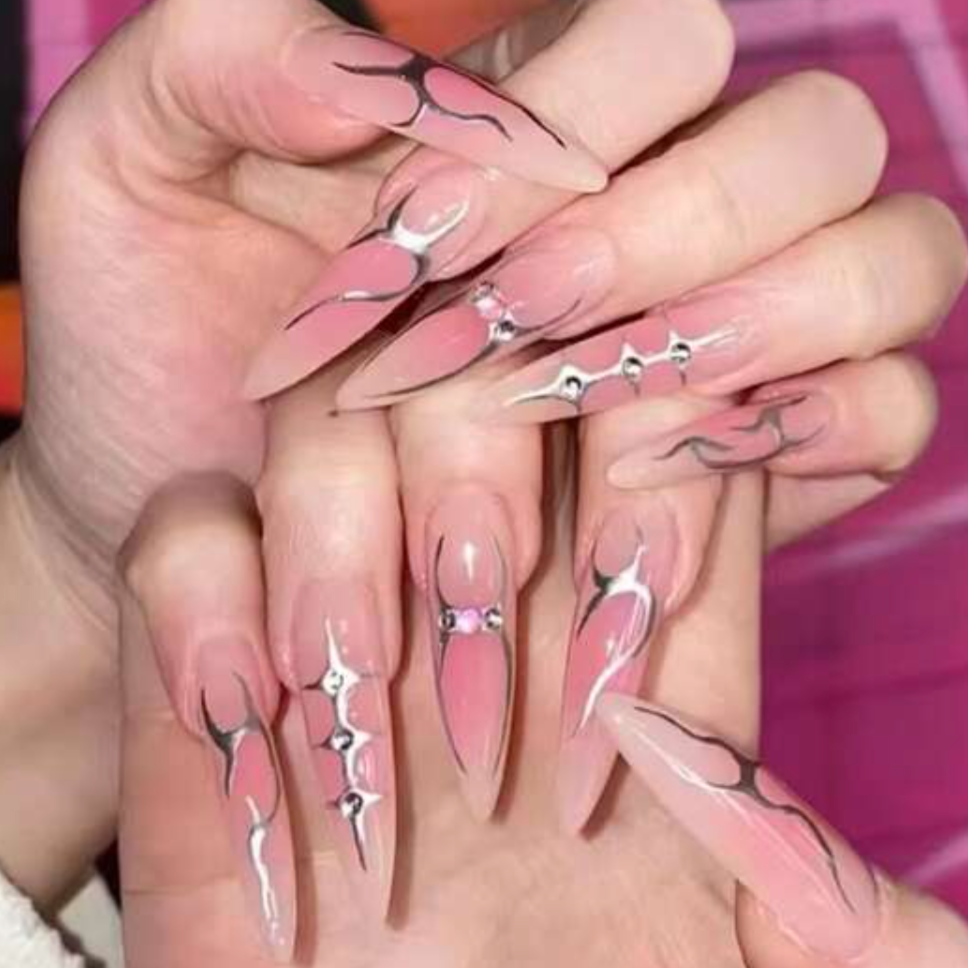 Dune | Long Stiletto Glossy Pink Silver Accent Nails