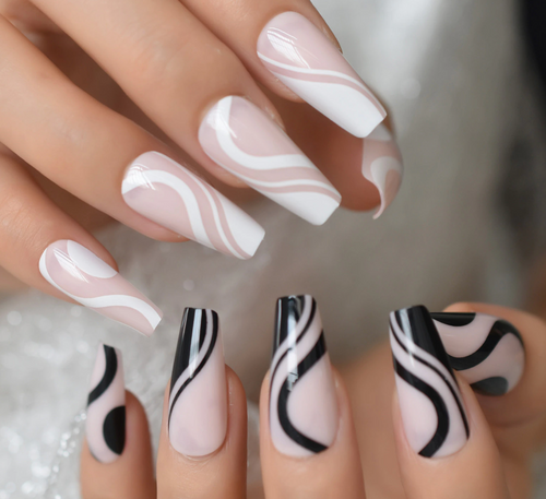 medium length black white swirl nails, fake black and white nails, black and white fake nails