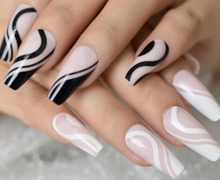 Load image into Gallery viewer, Emotions | Medium White Black Swirl Nails

