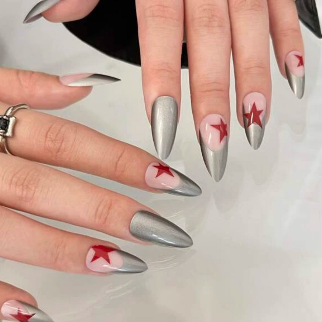 Glory | Silver French Red Star Almond Nails