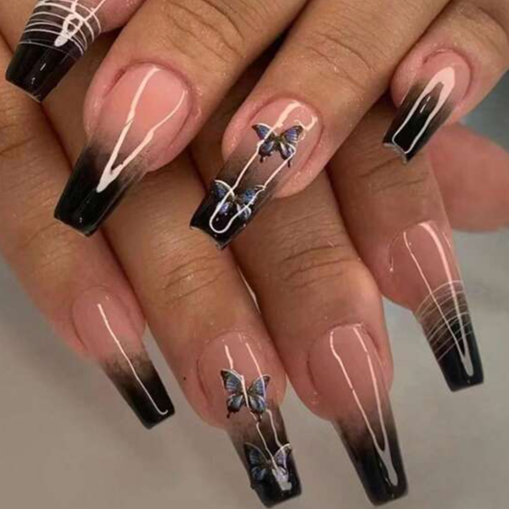 Pupa | Long Coffin Black Butterfly Nails
