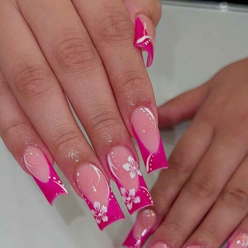 Roselyn Medium Pink French Flower Nails