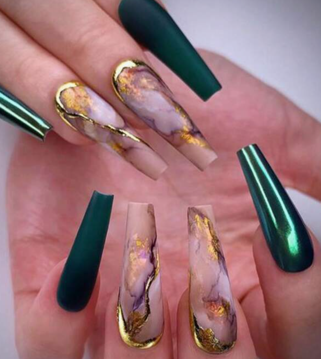 Techno Long Coffin Green Nude Marble Nails