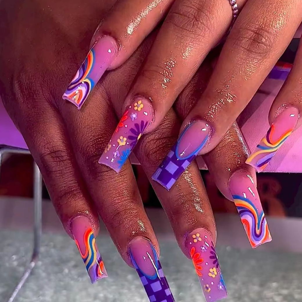 Georgina Extra Long Square Purple Pink Checkered Nails