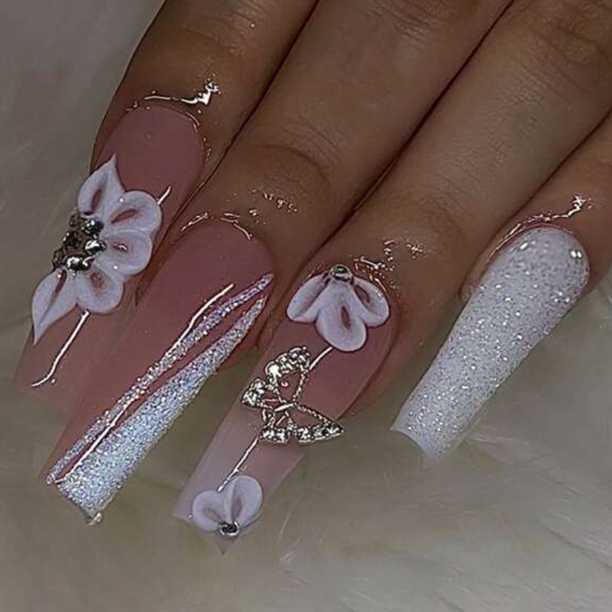 White Tip W/pink Charms Press on Nails 