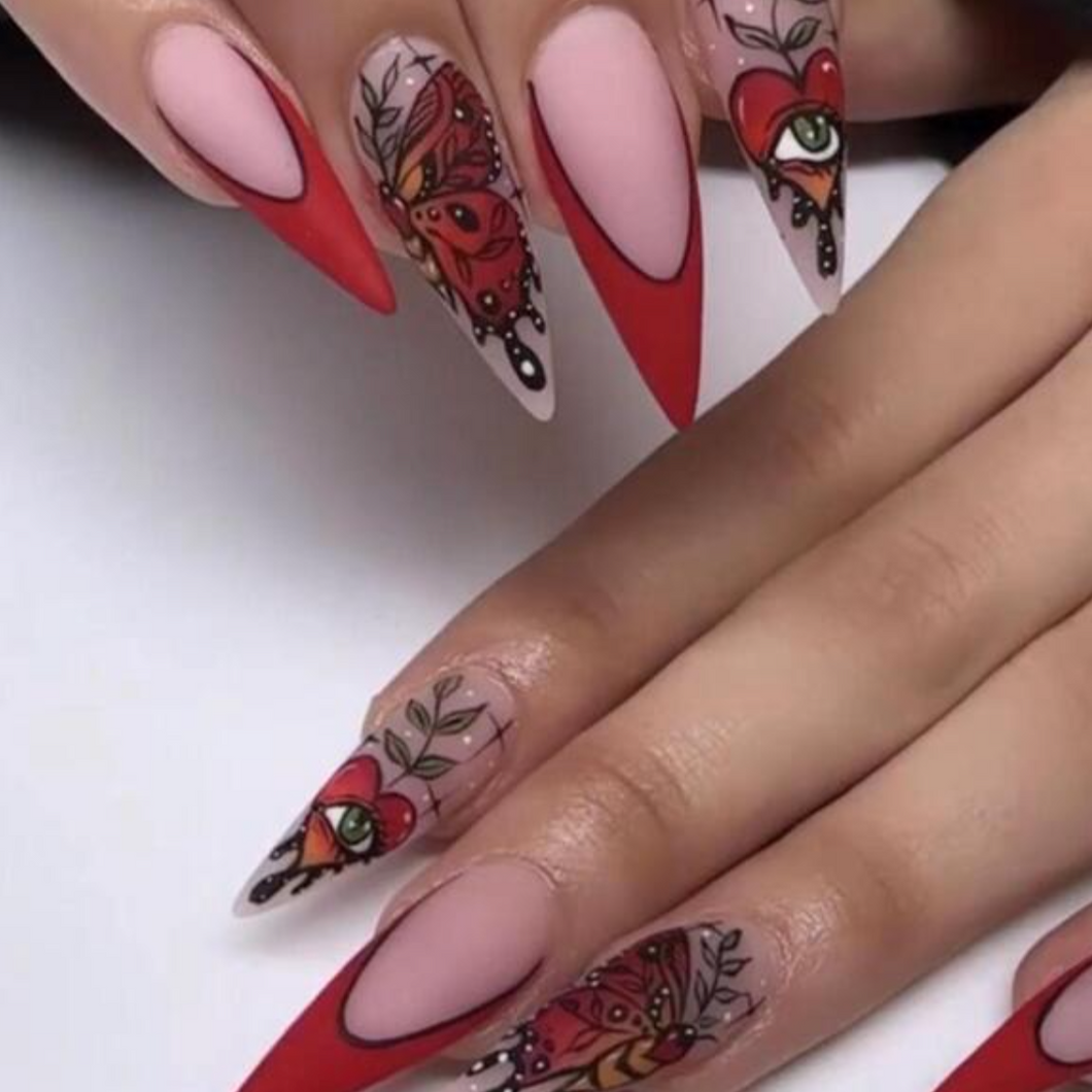 Sita | Stiletto Red French Butterfly Nails
