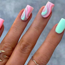 Load image into Gallery viewer, Sorbet | Medium Square Aqua &amp; Coral Swirl Accent Nails
