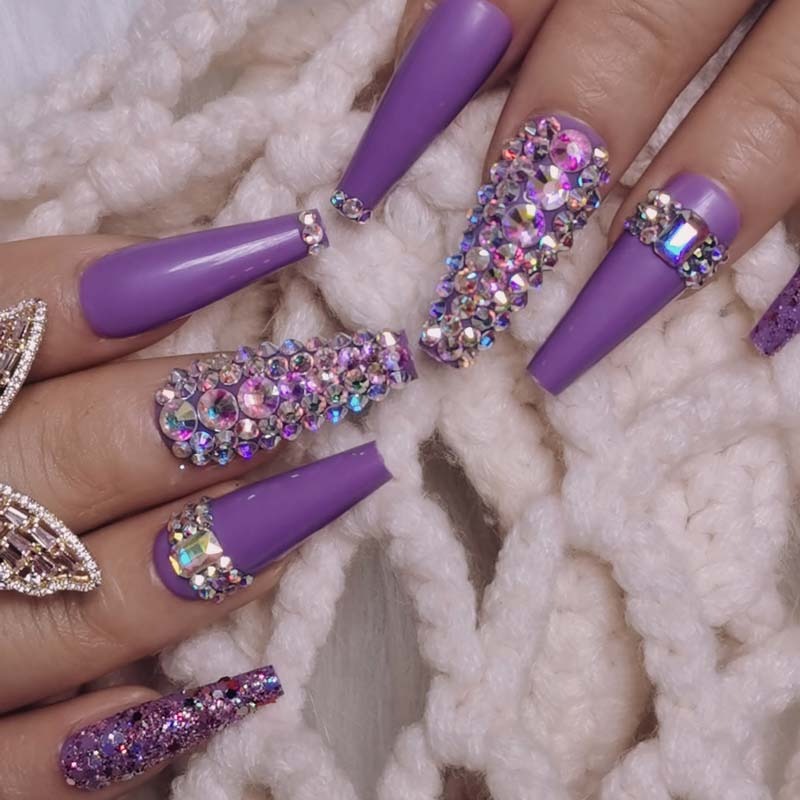 | Long Coffin Purple Rhinestone Glitter Bling Nails