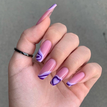 Load image into Gallery viewer, Half Pink Half Purple Nails with Hearts and Swirls, square shape. 
