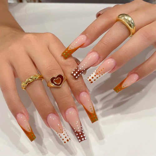 Brown French Nails With White & Brown Dots. Long Glossy Coffin Shape