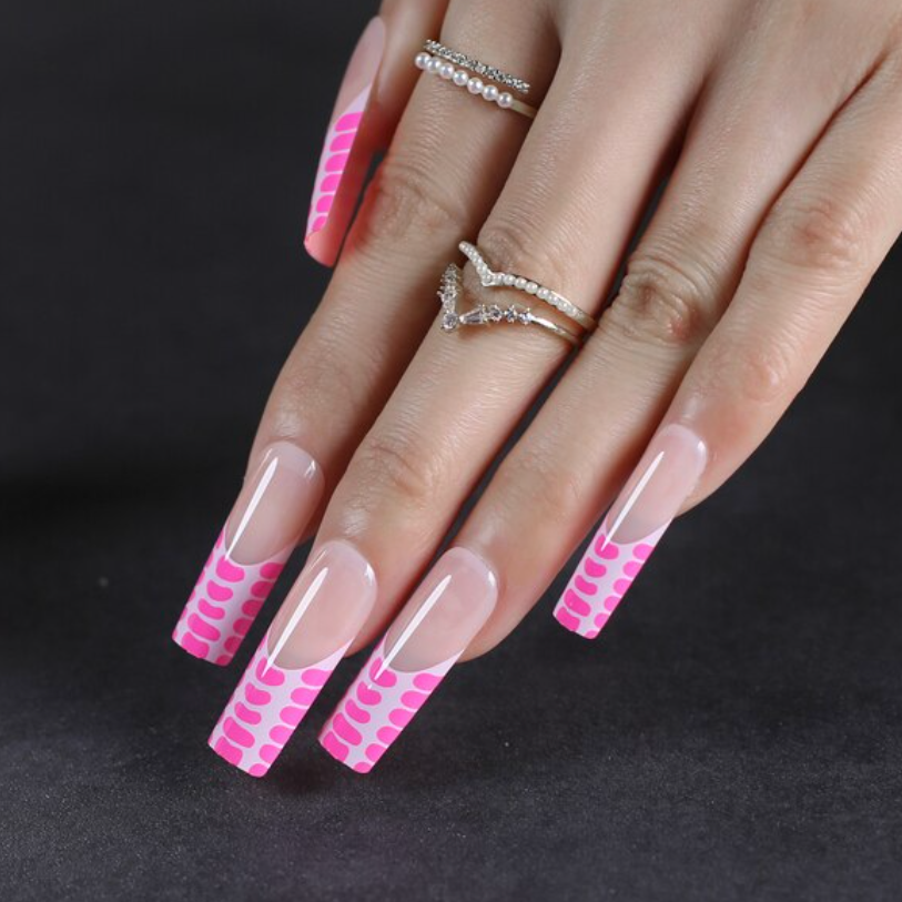Lady | Extra Long Square Pink White Croc French Nails