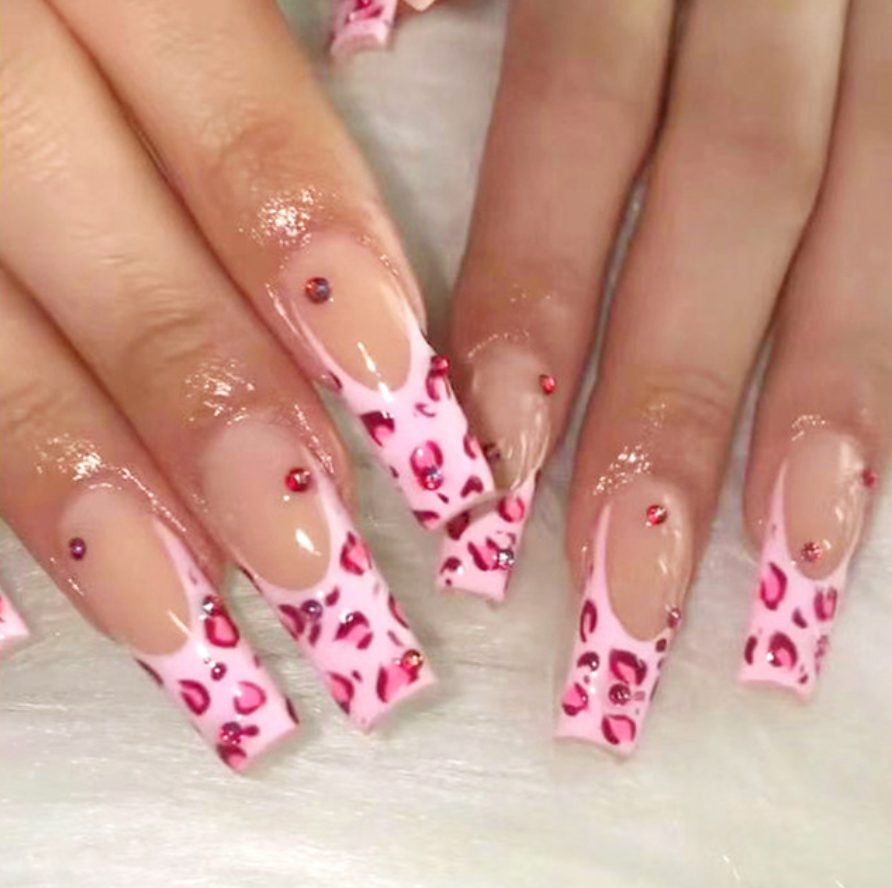 Riley  Long Dark Pink Leopard Rhinestone Nails