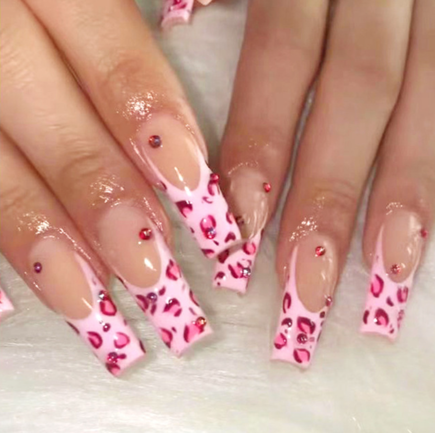 Riley Long Dark Pink Leopard Rhinestone Nails