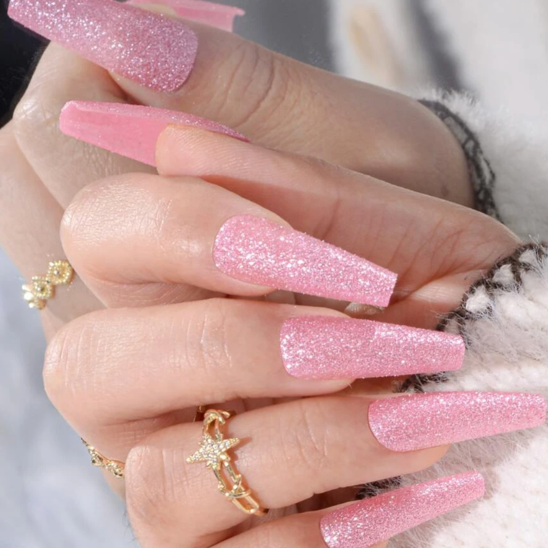 Pink Glitter | Long Solid Pink Glitter Nails