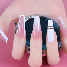 Load image into Gallery viewer, Nude and white ombre nails some with thin french tips and gold stripe accent nails
