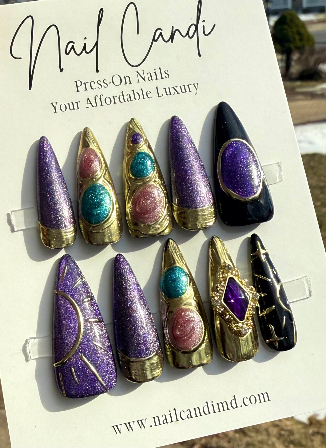 Handmade Long Stiletto Purple Gem Nails