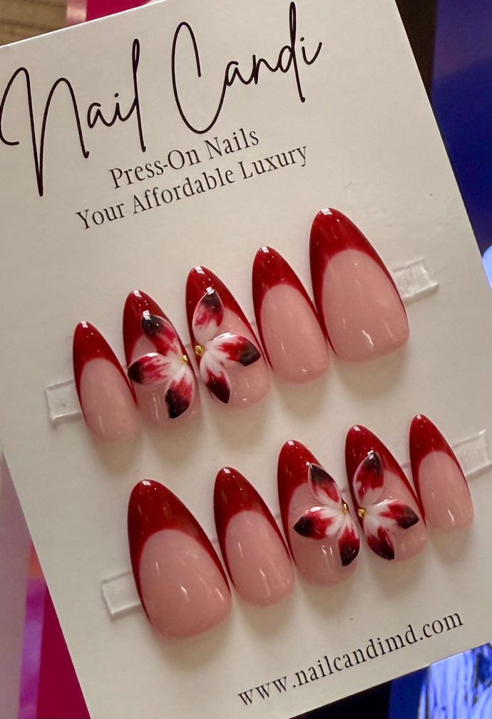 Handmade Medium Almond Red French 3D Flower Nails