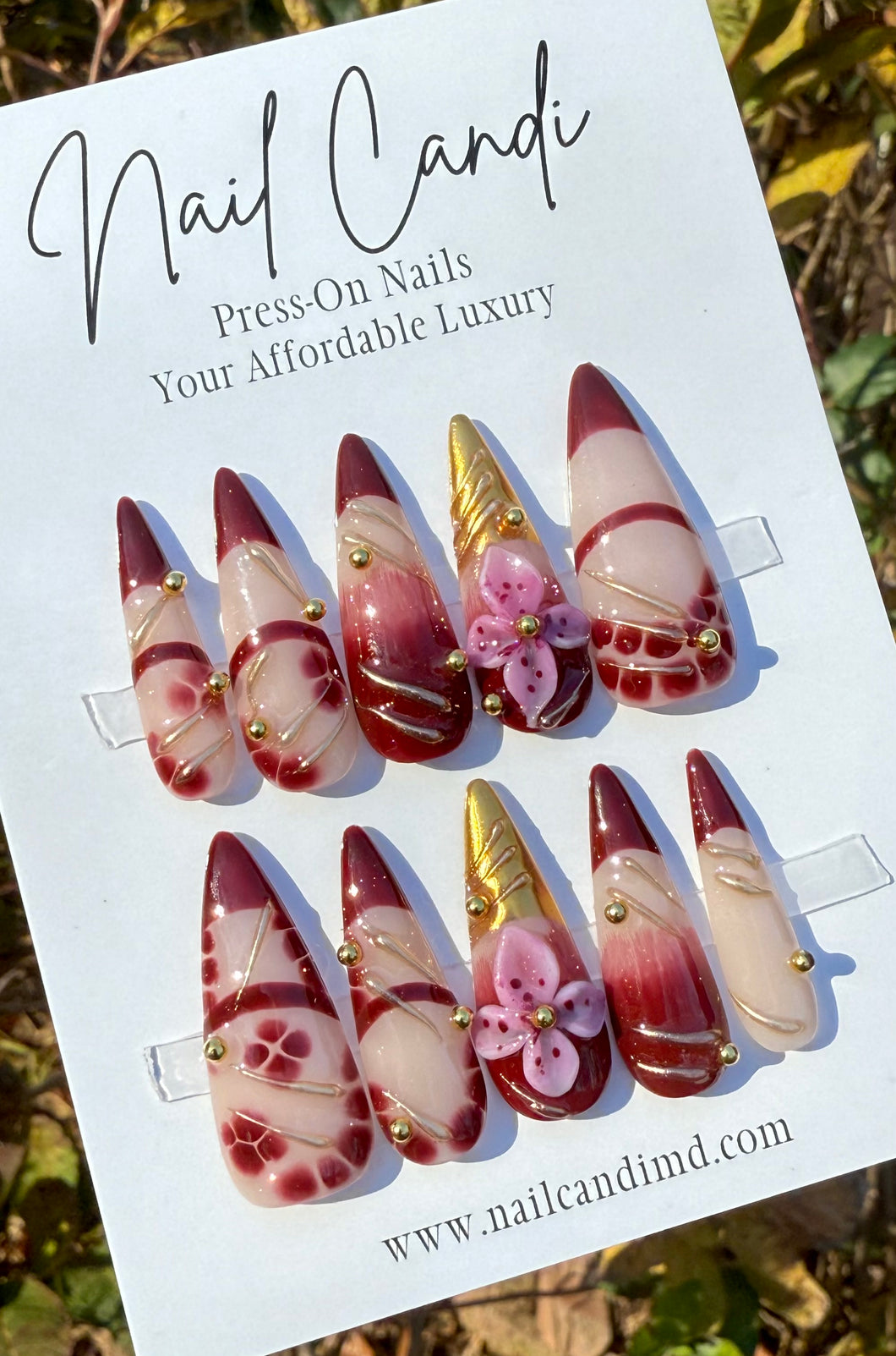 Handmade Long Stiletto Purple & Gold Stud Nails