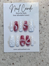 Load image into Gallery viewer, Handmade Medium Coffin White Red Snake Nails
