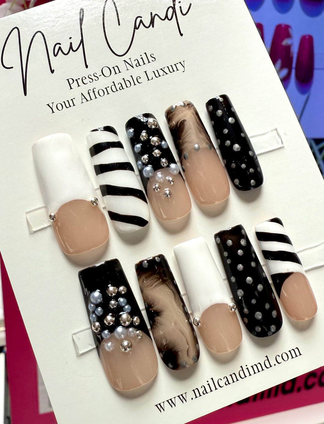 Handmade Long Black & White Silver Stud Nails