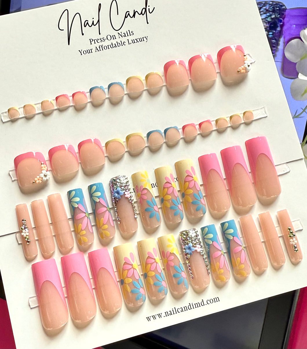 Paradise | XL Square Pastel French Flower Nails