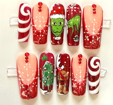Load image into Gallery viewer, Handmade XL Square Holiday “Grinch” Nails
