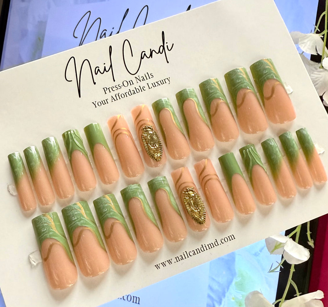 Julia | XL Square Green French Gold Charm Nails