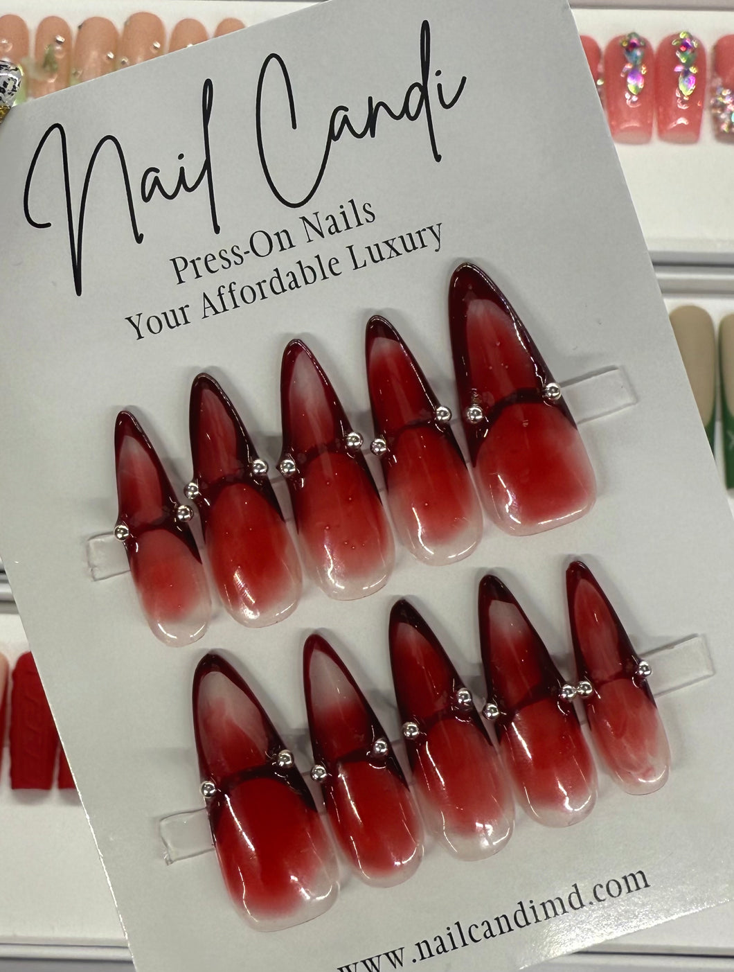 Handmade Sheer Red Silver Bead Nails