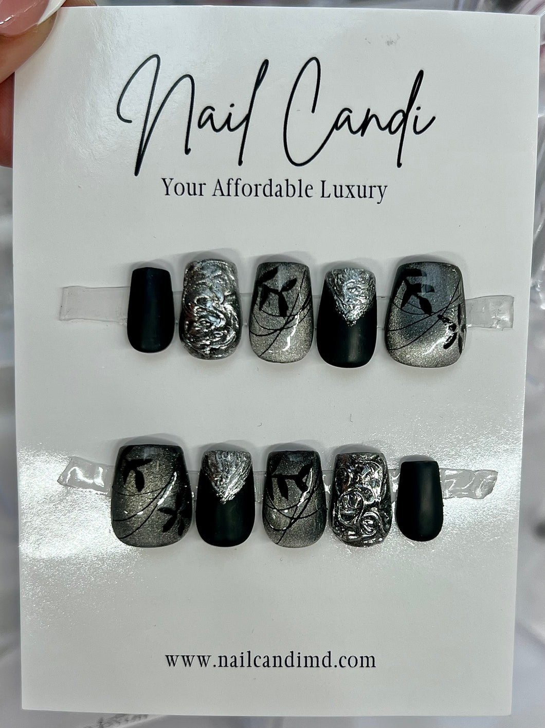 Handmade Short Black & Silver Chrome Nails