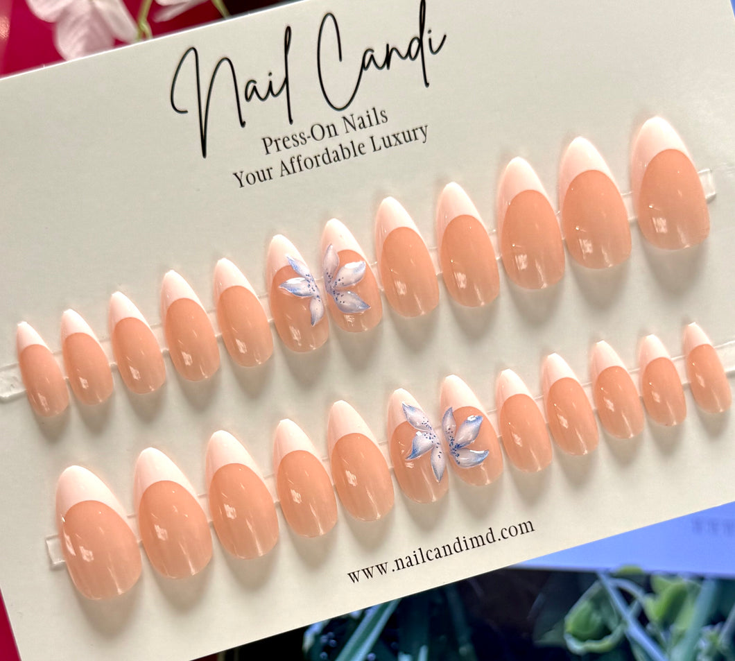 Lucia | Medium Almond French Blue Flower Accent Nails