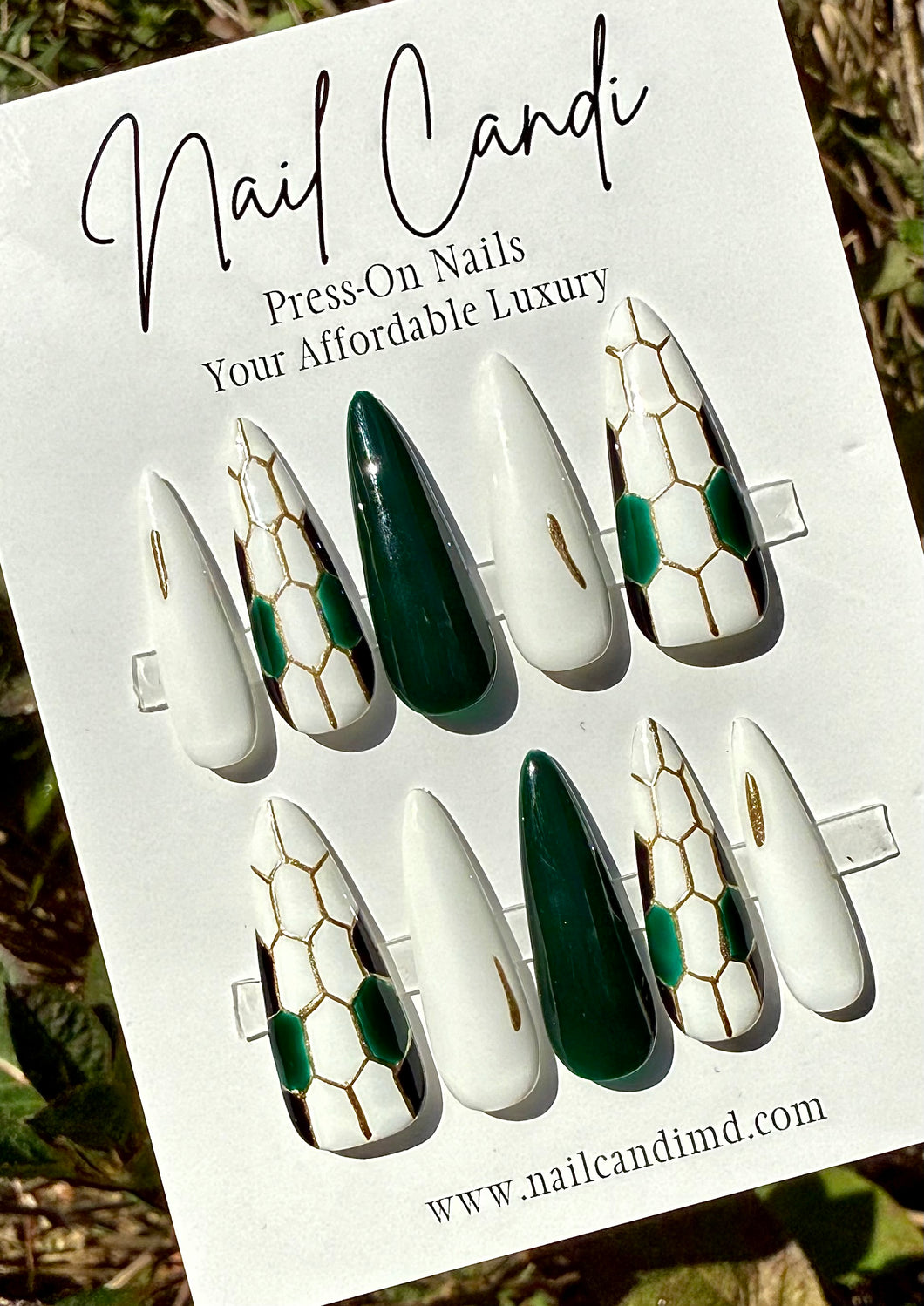 Handmade Long Stiletto Green & White Nails