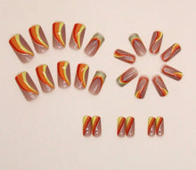 Load image into Gallery viewer, Intensity | Medium Square Glossy Red Orange Yellow Swirl Nails
