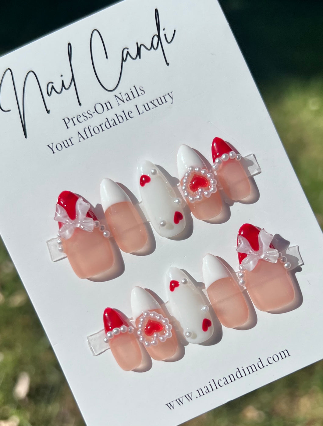 Handmade White & Red Heart Gel Nails