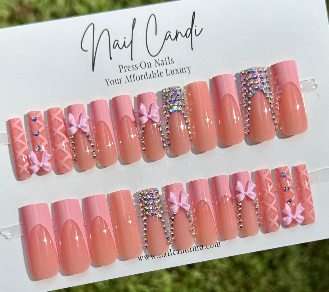 Parisian | Long Bright Pink Coquette Rhinestone Accent Nails
