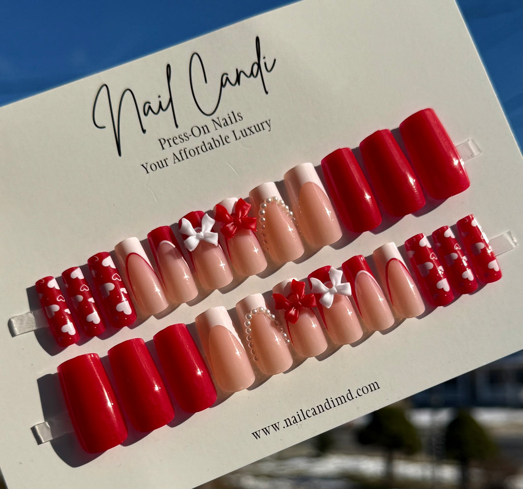 Smitten | Long Red & White Coquette Nails