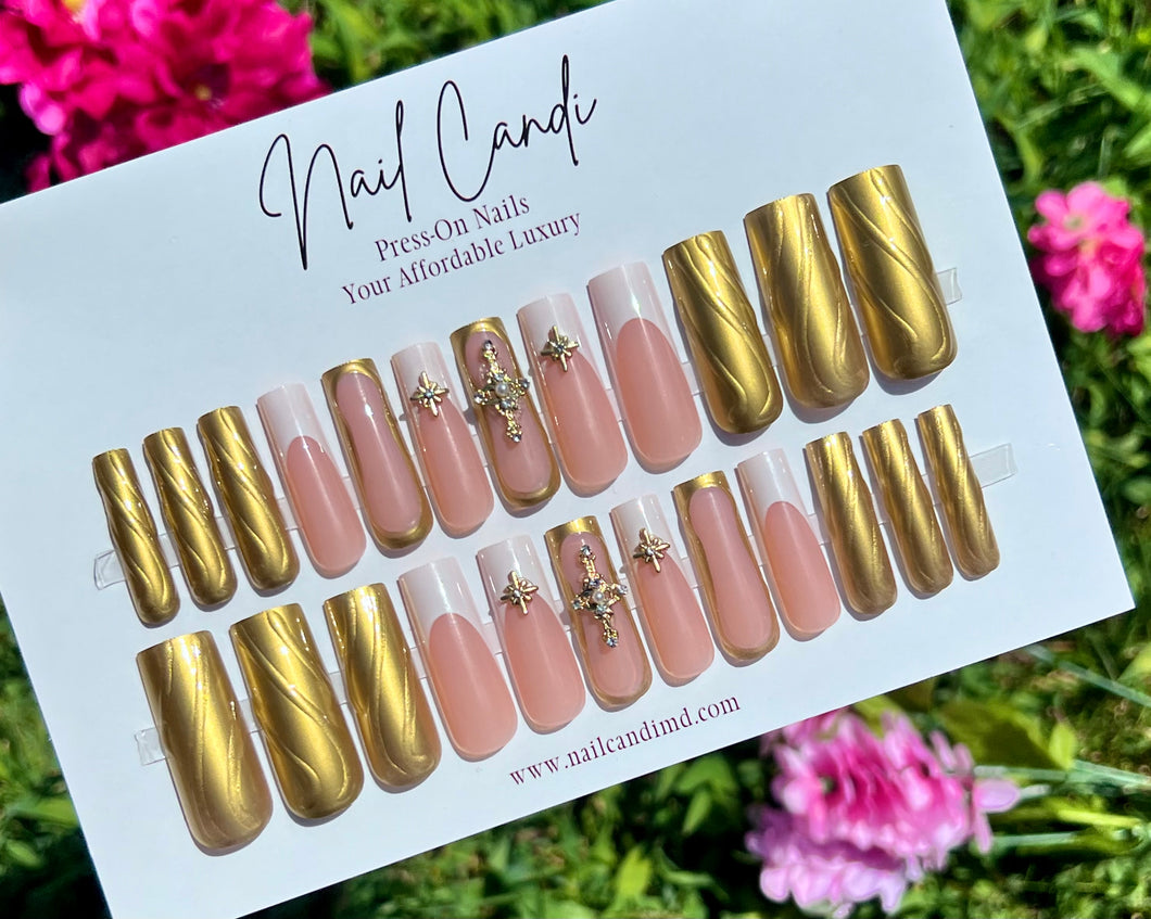 Halo | Extra Long Faux Gold Chrome French Nails