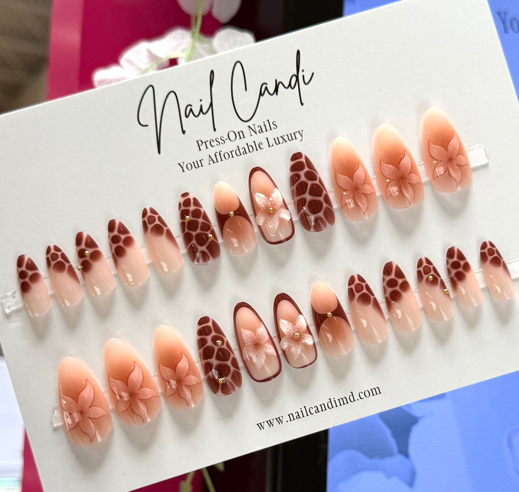 Olivia | Medium Almond Brown Blooming Accent Nails