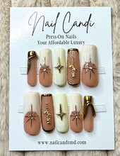 Load image into Gallery viewer, Handmade Cream &amp; Gold Celestial Nails
