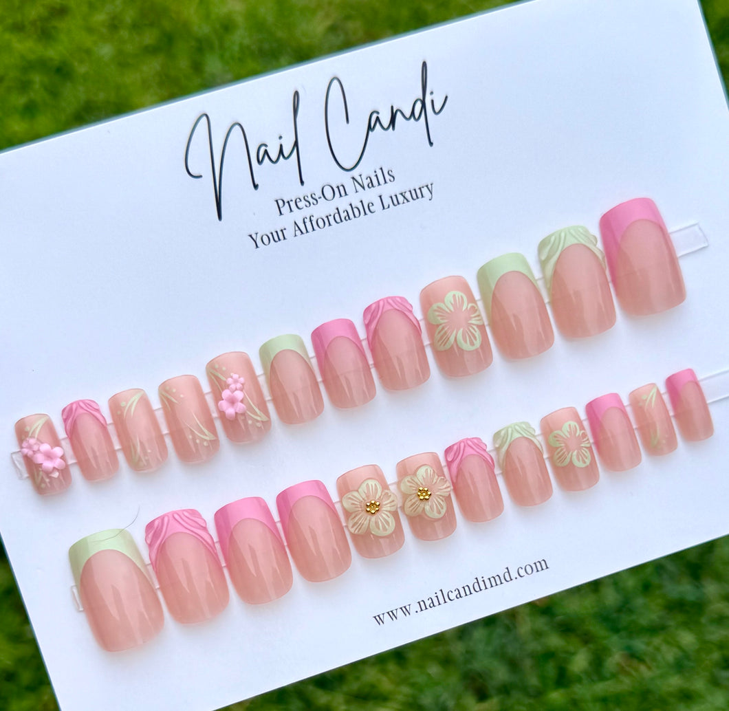 Daphne | Medium Square Pink & Green French Nails