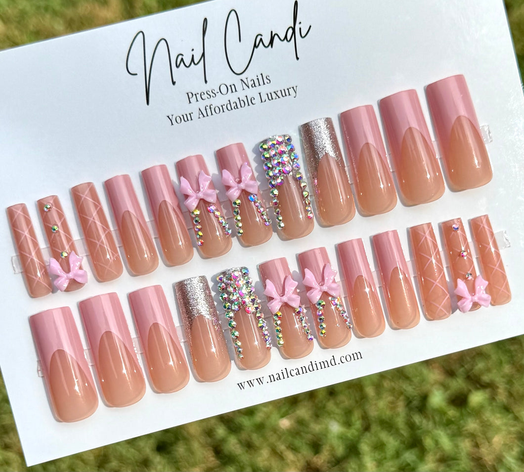 London | Long Pink Coquette Rhinestone Accent Nails