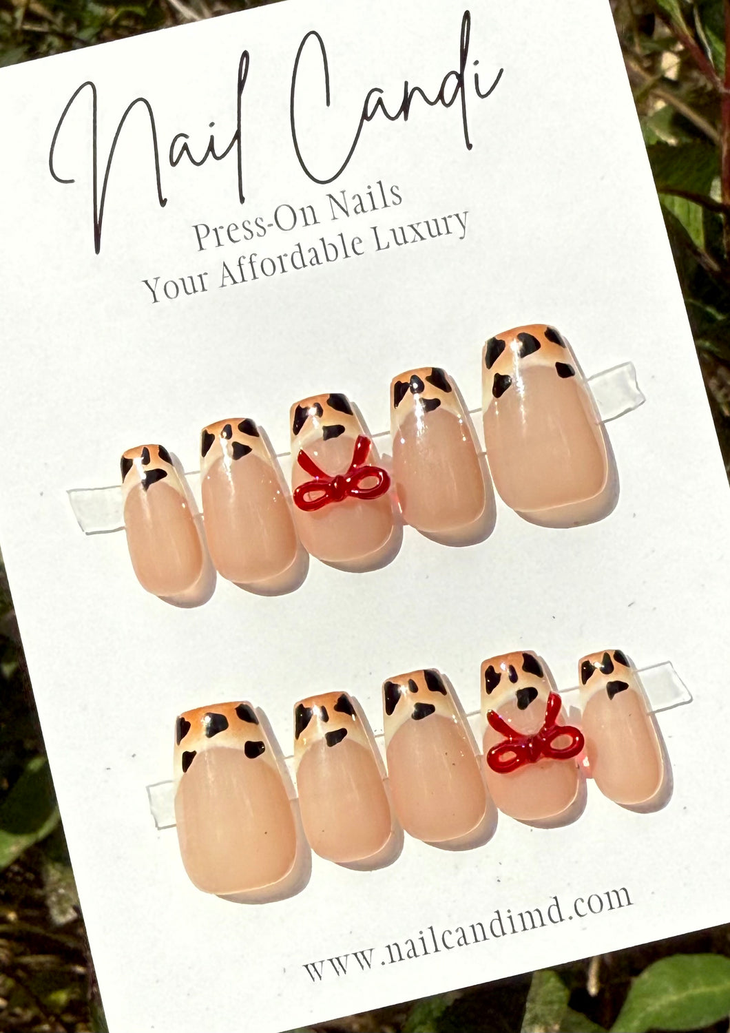 Handmade Medium Coffin Leopard French Red Bow Nails