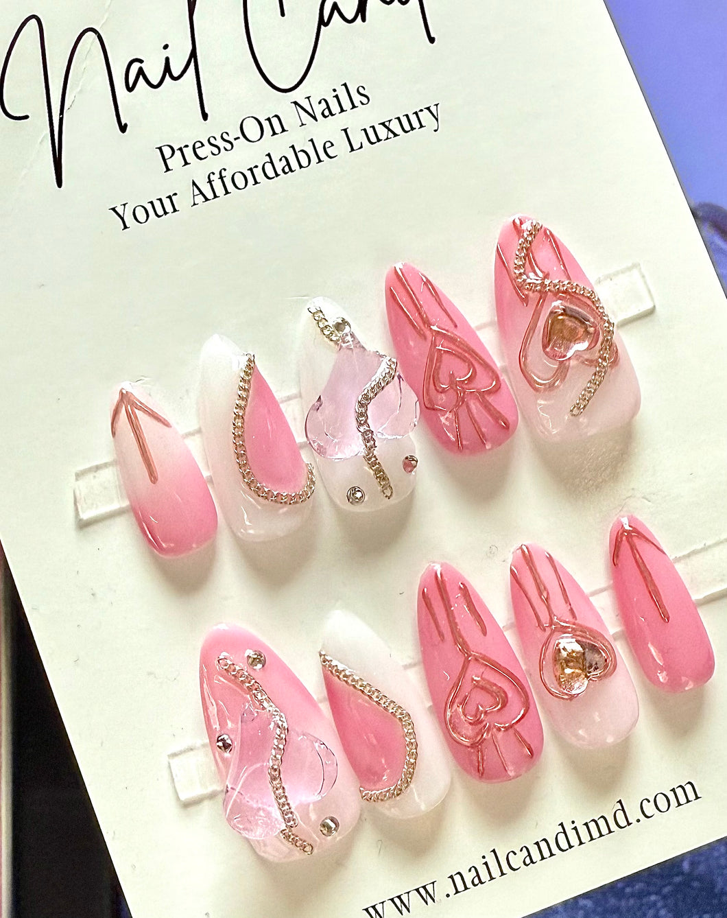 Handmade Almond Pink Heart & Chain Nails