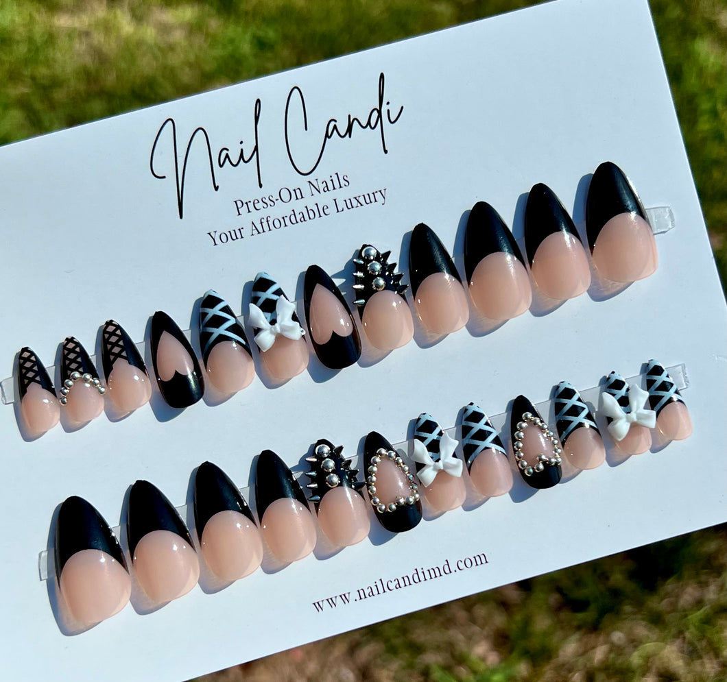 Shonda | Medium Almond Black French Stud Nails