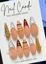 Load image into Gallery viewer, Handmade Long Stiletto Zebra Pearl Gold Bangle Nails
