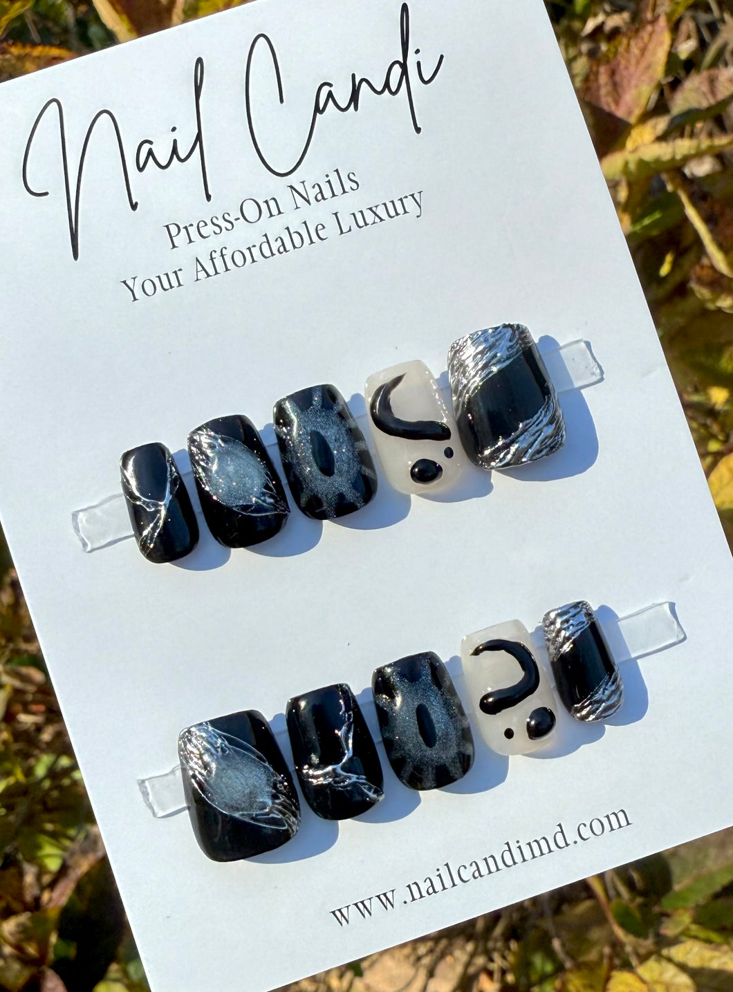 Handmade Short Square Black & Silver Metallic Nails